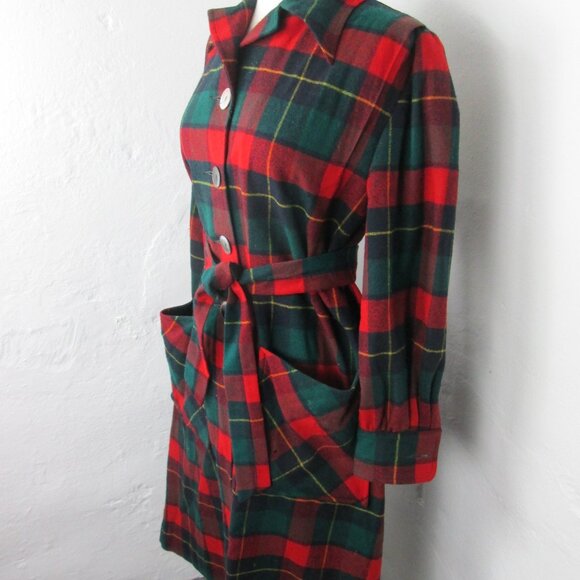 Housecoat Robe Vintage MCM 50s PENDLETON Red Tartan Plaid Belted Women's Size L - Picture 2 of 8